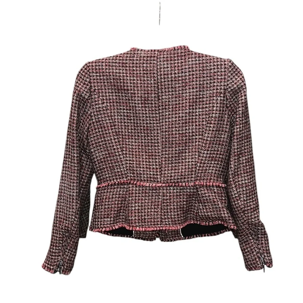 White House Black Market Tweed  Plaid Tweed Fringe Metallic Jacket Size 4 - Picture 4 of 10